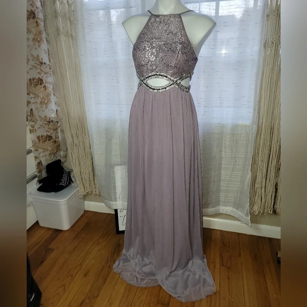Sequin Cut Out Embellished Waist Gown Maxi Dress Purple Silver - Picture 5 of 12